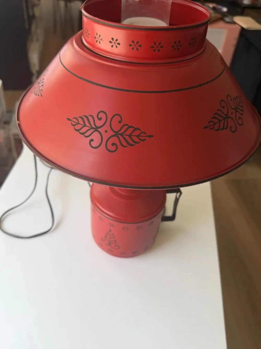 Vintage 1960s Tole Toleware 16.5” Metal Red Orange Table Hurricane Lamp
